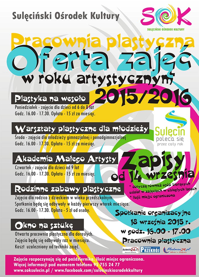 Oferta zajęć pracowni plastycznej Sulęcińskiego Ośrodka Kultury