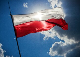 Flaga Polski powiewająca w promieniach słońca