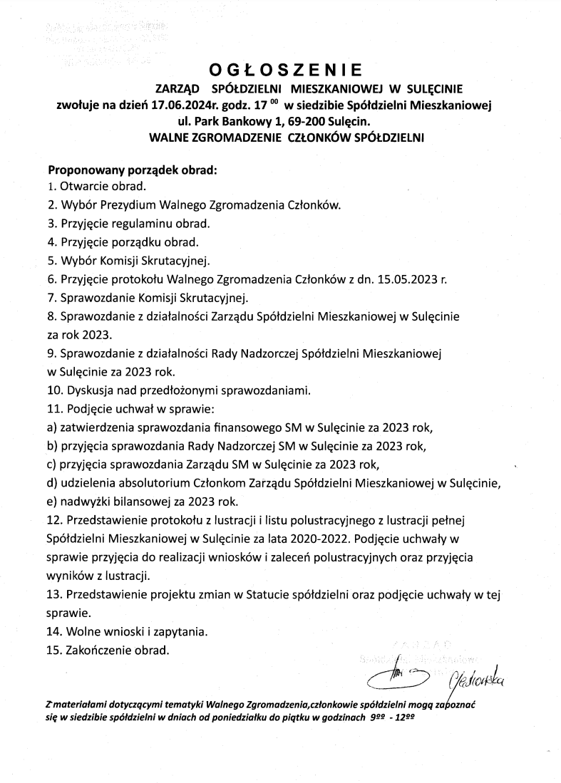Zarząd Spółdzielni Mieszkaniowej w Sulęcinie zwołuje Walne Zgromadzenie Członków Spółdzielni