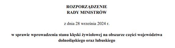 Obwieszczenie o wprowadzeniu przez Radę Ministrów stanu klęski żywiołowej na obszarze części województwa lubuskiego