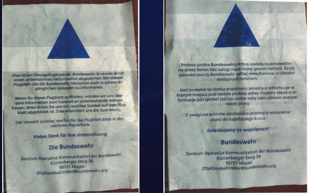 Niemiecka Bundeswehra rozrzuca ulotki nad polskim niebem. Kilka z nich spadło na Krzeszyce.