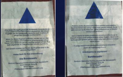 Niemiecka Bundeswehra rozrzuca ulotki nad polskim niebem. Kilka z nich spadło na Krzeszyce.